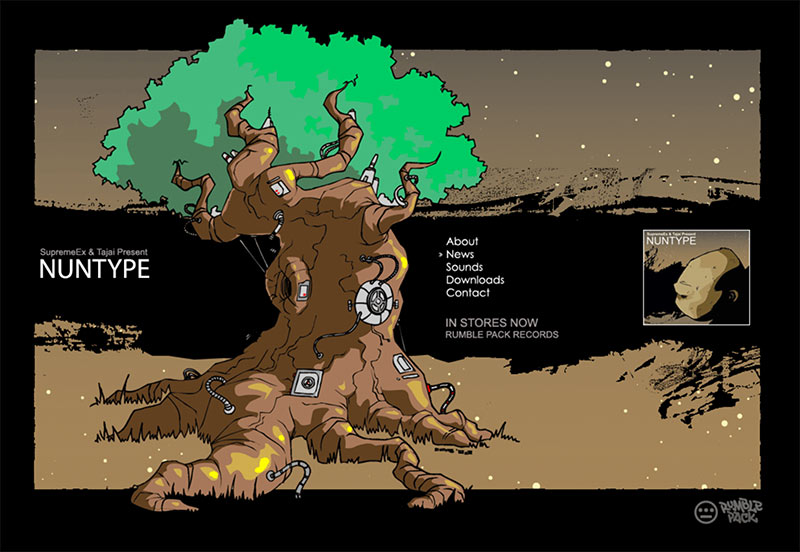An anime-inspired giant tree with mechanical elements appears rooted in space with website's navigation selectable alongside the album's cover art featuring the profile of a monkey-like god.