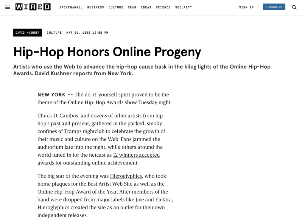 WIRED covers Hieroglyphics' big win at the 1999 Online Hip-Hop Awards