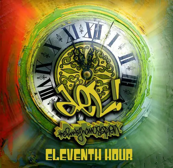 The album cover to Del's, Eleventh Hour. Intricately-painted clock with Roman numerals, surrounded by a circular gradient of color. Predominantly green, yellow, and red with Del's logo appearing at the bottom-center of the clock and the album's title below it.