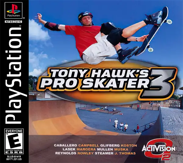 The cover artwork to Tony Hawk's Pro Skater 3 on the Sony PlayStation. Tony Hawk is mid-air in a halfpipe trick, holding his skateboard out front of his body. He is wearing a helmet and pads on his arms and knees. The game's logo appears below him.