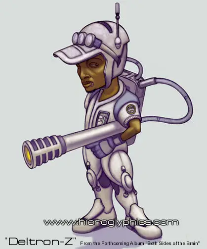 Deltron-Z appears in a cartoon illustration, with Del adorned in a gray futuristic mecha-like suit. He is holding what appears to be a laser weapon, but in fact, it is a microphone with a cord plugged into his backpack. He is wearing a brimmed hat with an antenna and goggles with three eyes, as a nod to the Hiero logo.