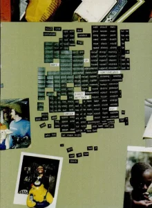 Del the Funky Homosapien's green-colored fridge, with magnetic words arranged to make rhyming sentences. Polaroid pictures of Del and other assorted images are taped to the fridge in a seemingly random assortment.